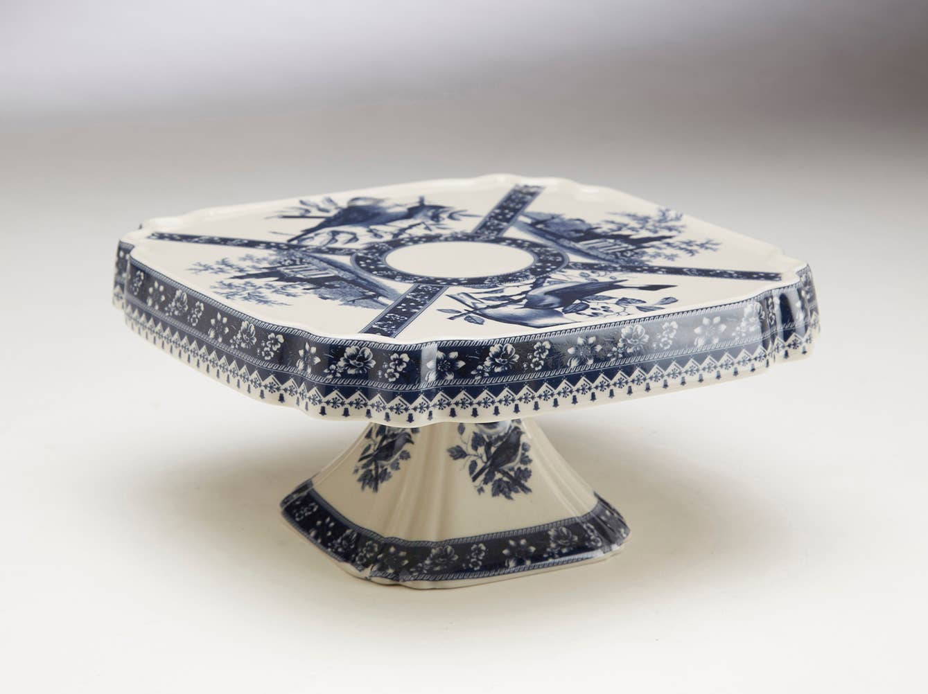 Square Dessert Stand, Bird Design, Blue: Blue