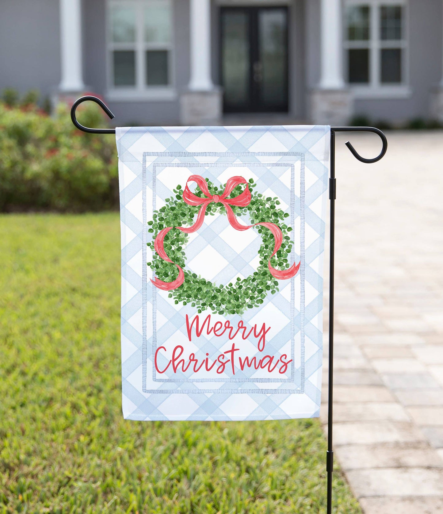Merry Christmas Red Bow Wreath Garden Flag: 12" x 18" - Double-Sided
