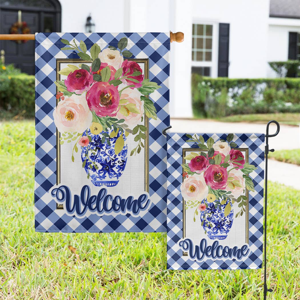 Flags - Welcome Blue Ginger Jar Vase: Double Sided / Garden