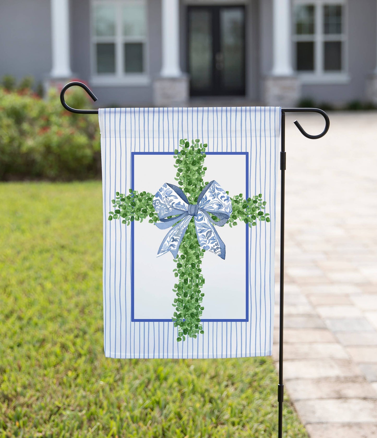 Easter Garden Flag - Shrub Cross with Blue Bow: 12" x 18" - Double-Sided