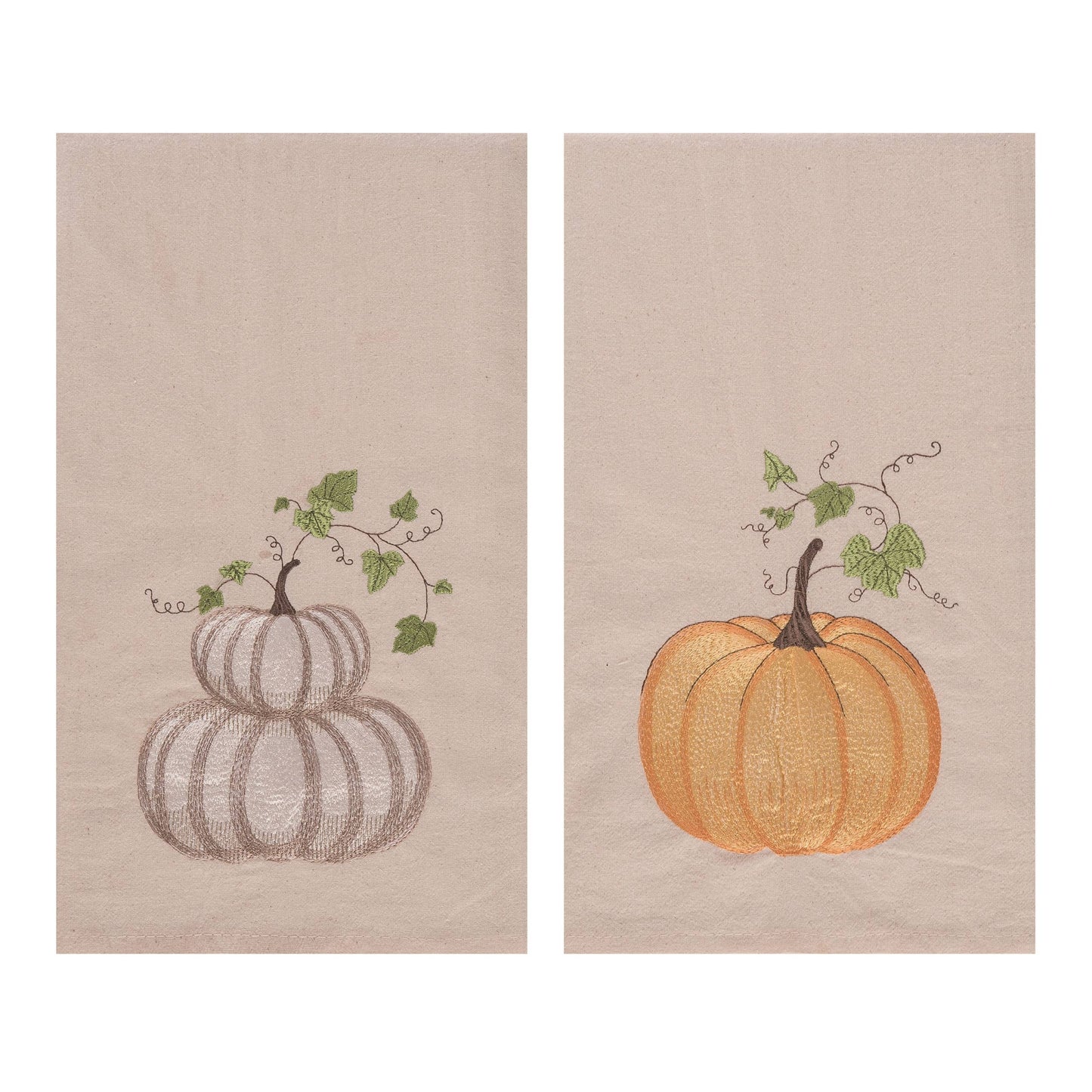 Fall Embroidered Pumpkin Cotton Kitchen Dishtowel Set of 2
