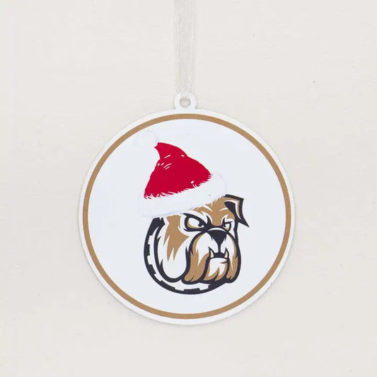 TRS Galvanized Bulldog Santa Hat Ornament White/Gold/Red 4"