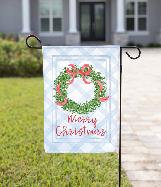 Merry Christmas Red Bow Wreath Garden Flag: 12" x 18" - Double-Sided