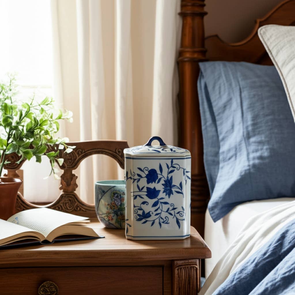 Decorative Vase - Blue Ceramic Chinoiserie Floral, 9 in.