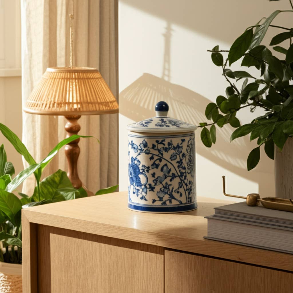 White/Blue 6 in. 8 Oz Chinoiserie Scented Candle with Lid