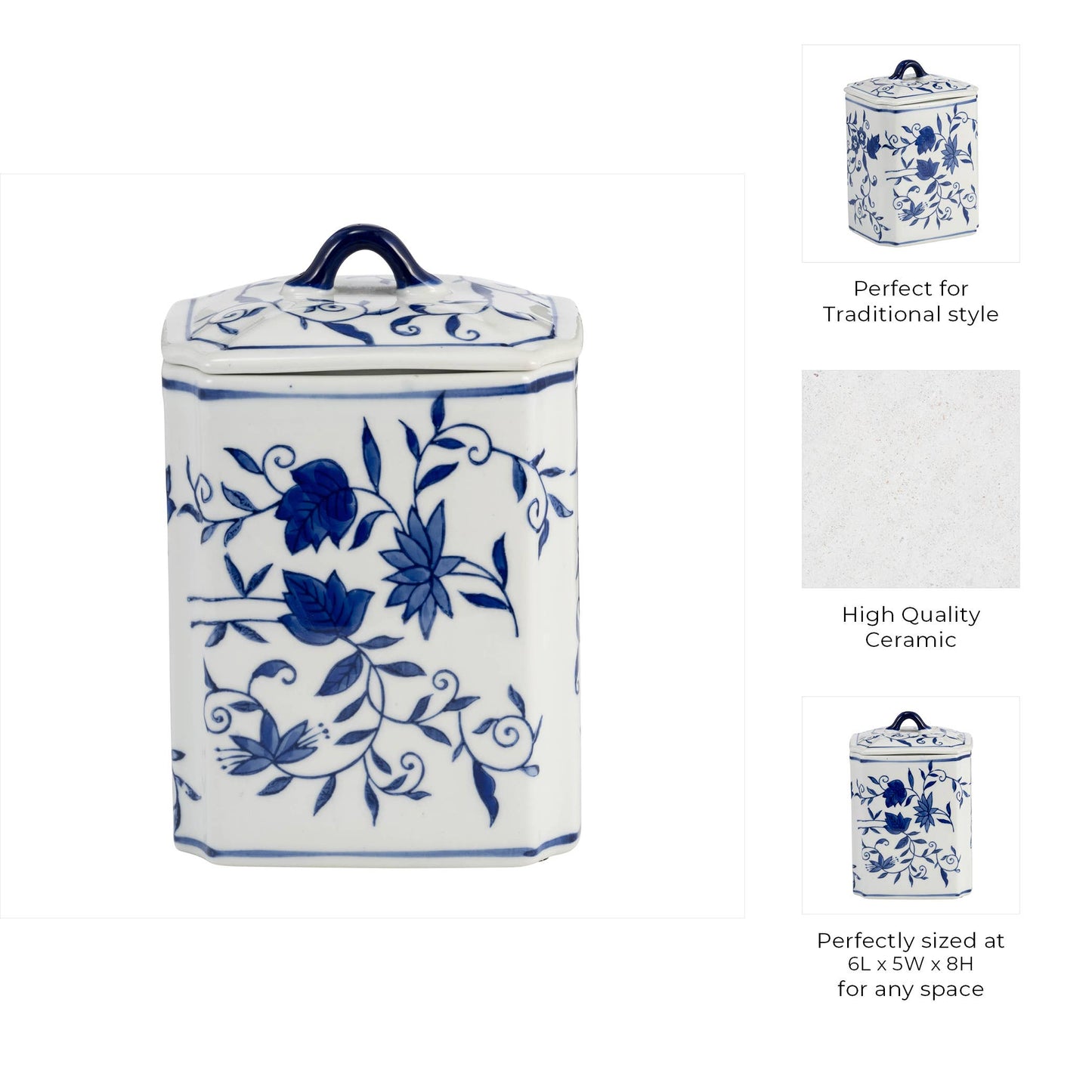 Decorative Vase - Blue Ceramic Chinoiserie Floral, 9 in.