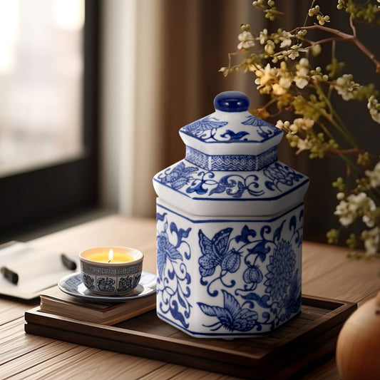 Ceramic Sandalwood Myrrh Chinoiserie Candle - Blue, 6 Oz