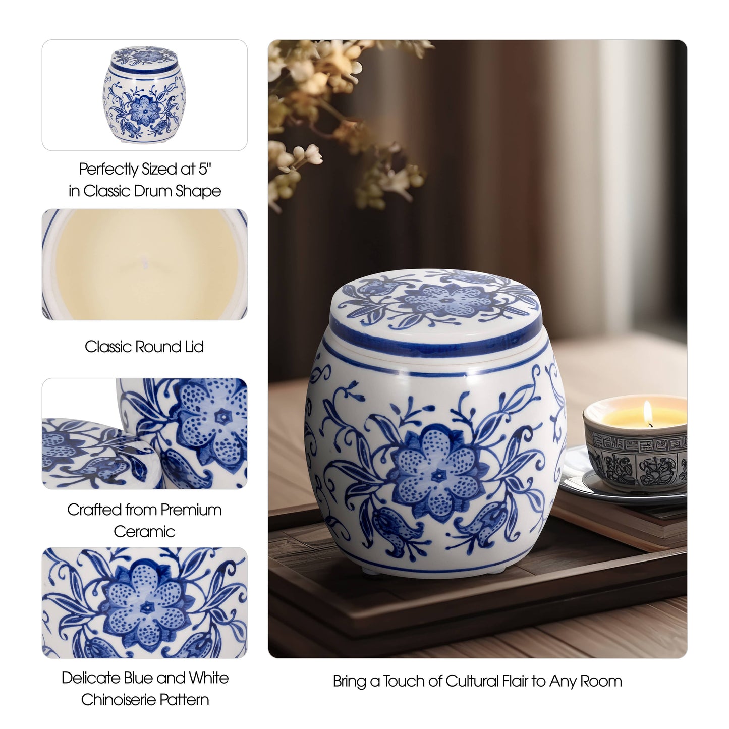 5 in. Blue Verbena Chinoiserie Candle Stoneware, 8 oz