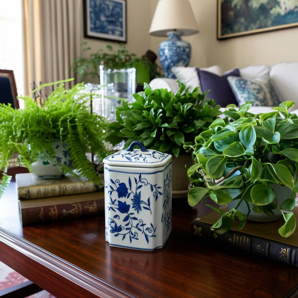 Decorative Vase - Blue Ceramic Chinoiserie Floral, 9 in.