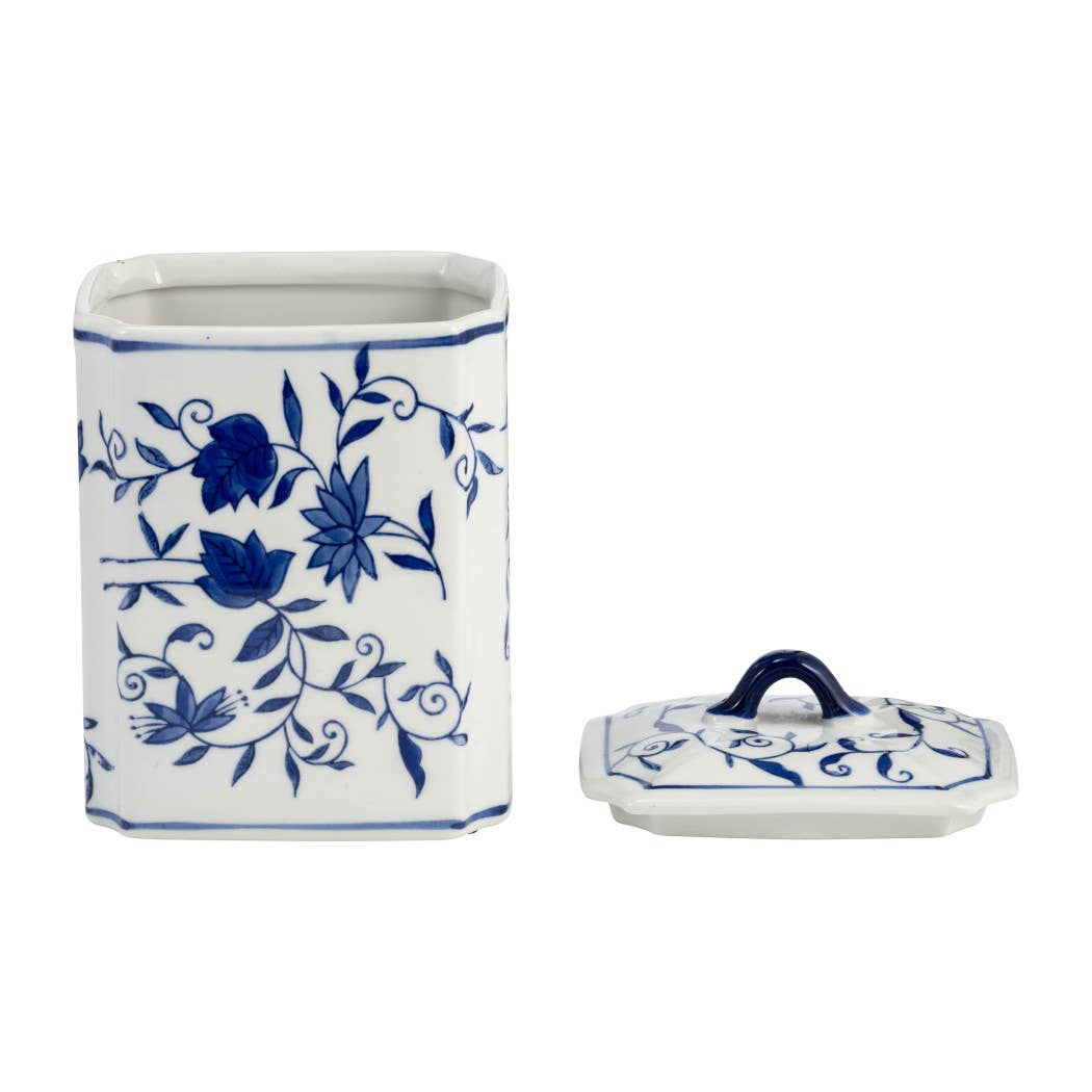 Decorative Vase - Blue Ceramic Chinoiserie Floral, 9 in.