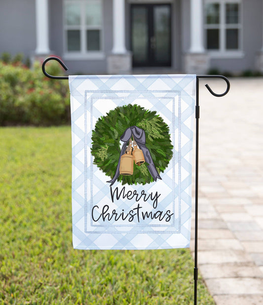 Merry Christmas Bells Wreath Garden Flag: 12" x 18" - Double-Sided