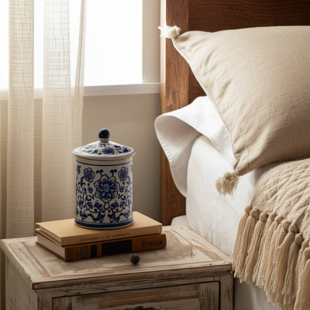 White/Blue 6 in. 8 Oz Chinoiserie Scented Candle with Lid