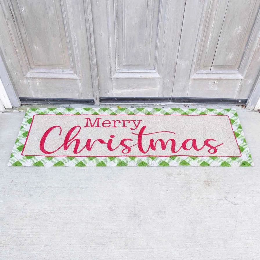 TRS Gingham Christmas Coir Doormat Green/White/Red 56x18