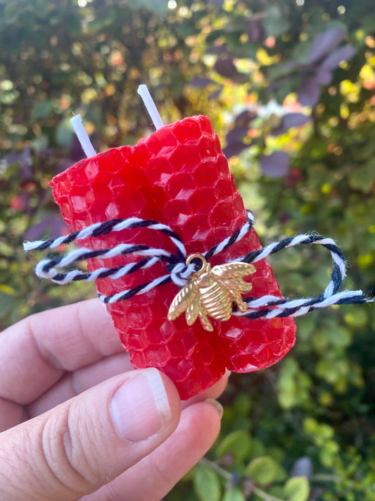 Red Beeswax Rolled Candle, Bee Wax Candle, Mini Candle Favor: Gold Charm