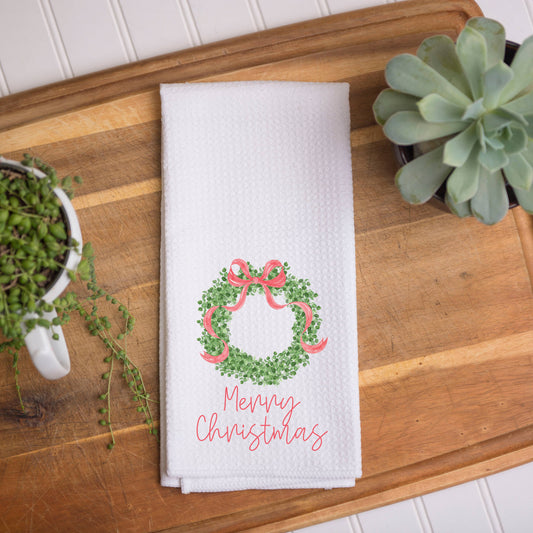 Merry Christmas Wreath Towel: Flat Weave Tea Towel