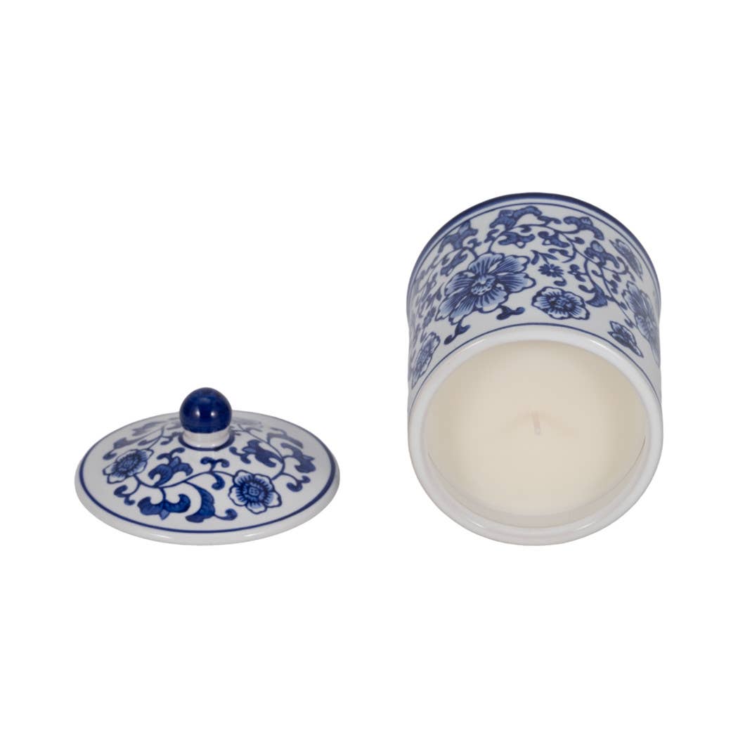White/Blue 6 in. 8 Oz Chinoiserie Scented Candle with Lid