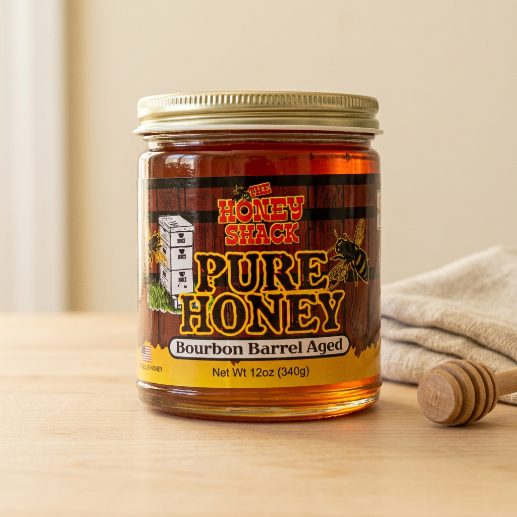 Bourbon Barrel Aged Honey 12 oz in warm farmhouse style