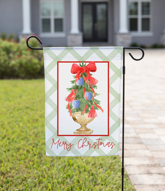 Christmas Garden Flag - Red Bow Christmas Tree: 12" x 18" - Double-Sided