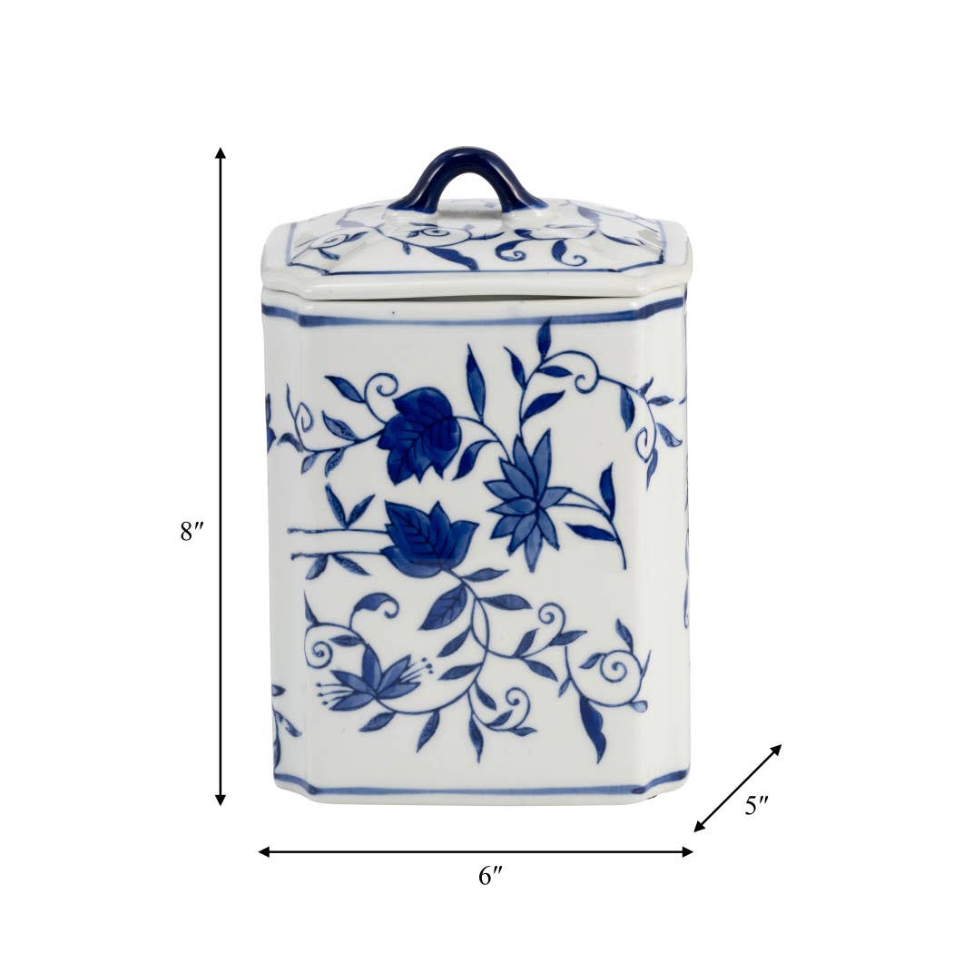 Decorative Vase - Blue Ceramic Chinoiserie Floral, 9 in.