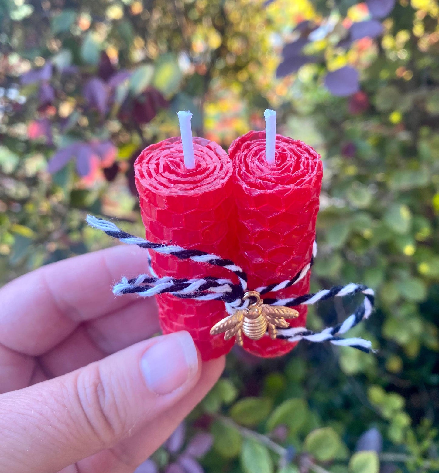 Red Beeswax Rolled Candle, Bee Wax Candle, Mini Candle Favor: Gold Charm