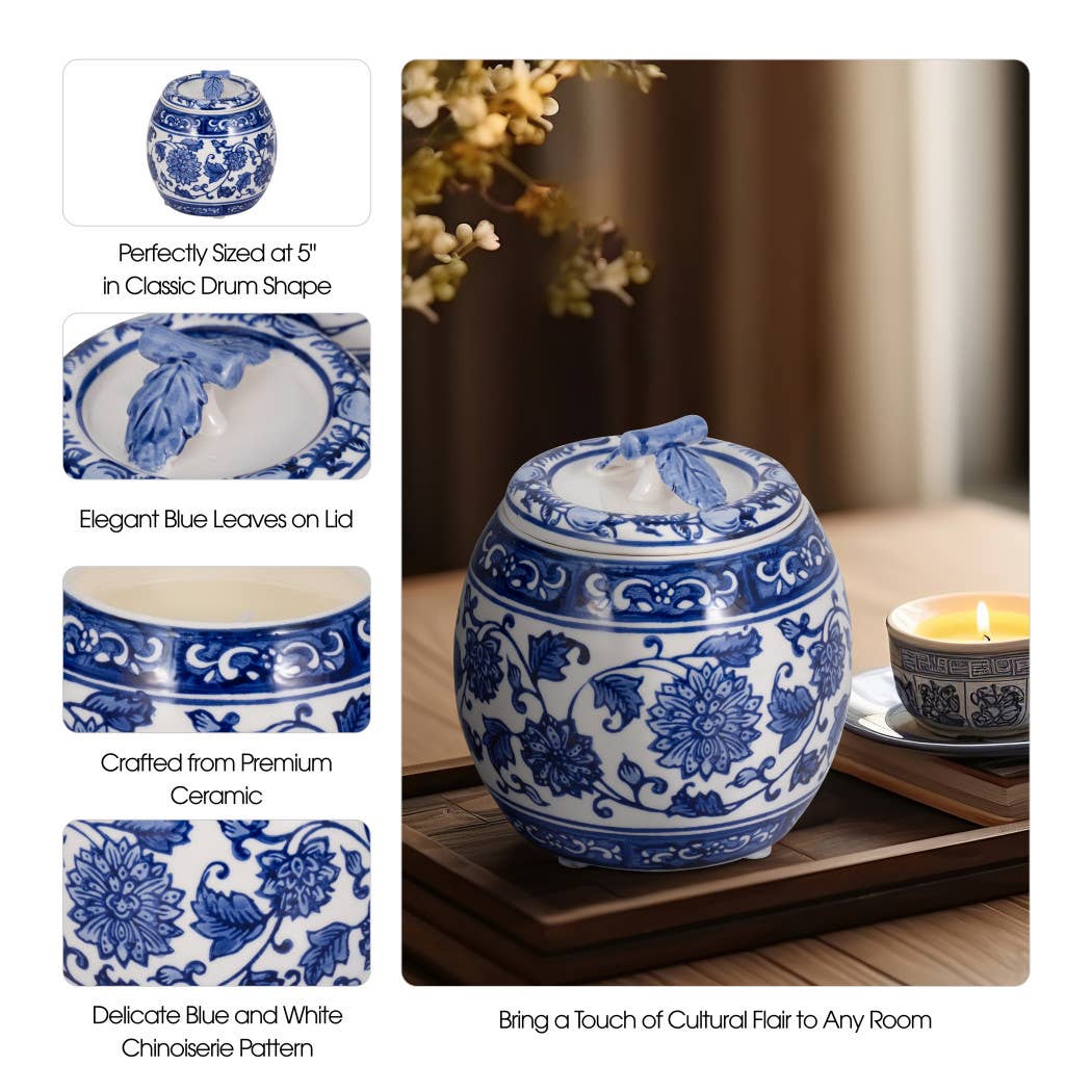 Blue/White 5 in. 8.5 Oz Peony Chinoiserie Lidded Candle