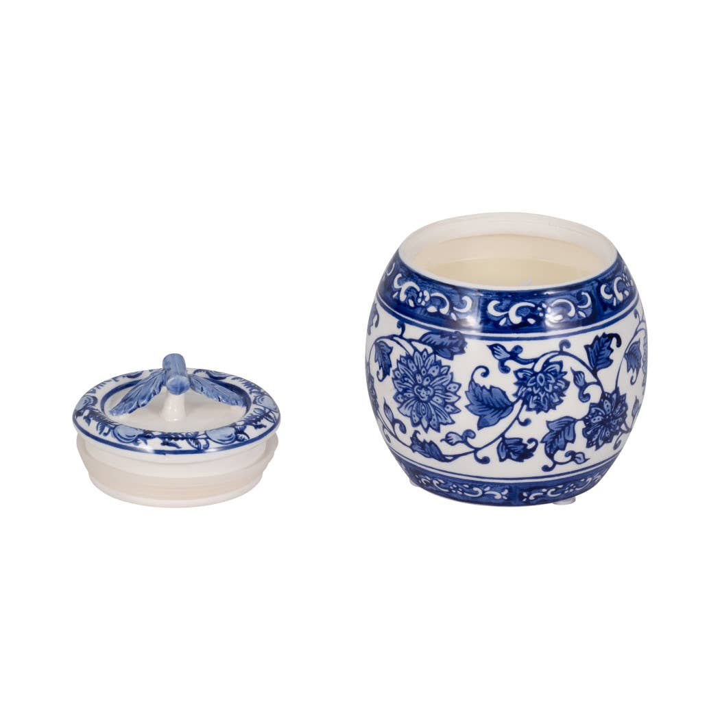 Blue/White 5 in. 8.5 Oz Peony Chinoiserie Lidded Candle