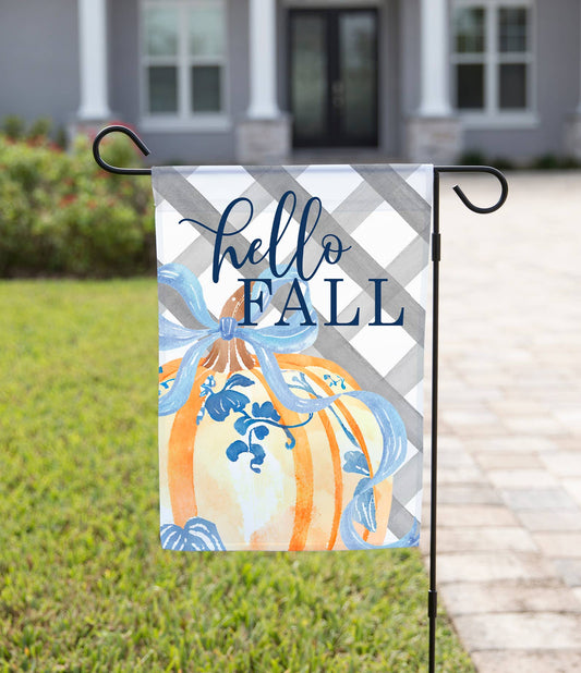 Fall Garden Flag - Hello Fall Pumpkin With Blue Flowers: 12" x 18" - Double-Sided