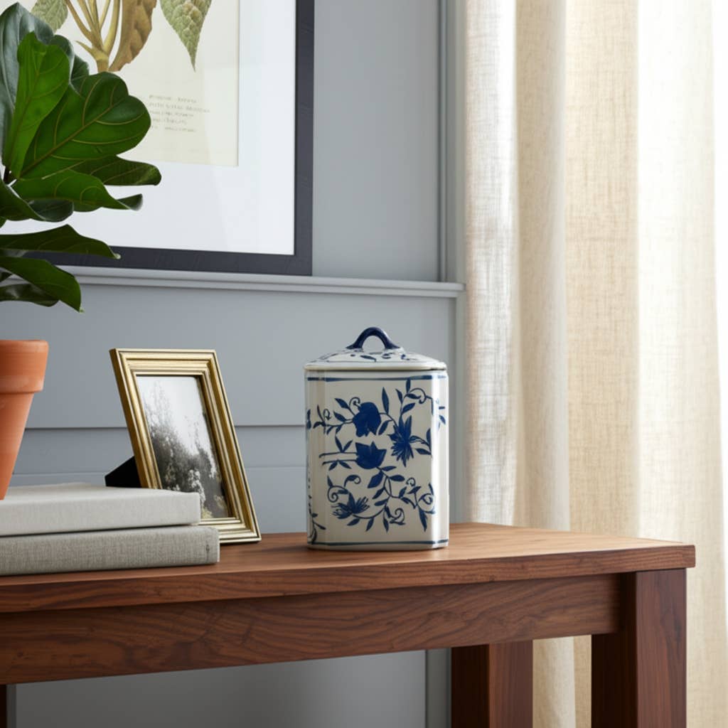 Decorative Vase - Blue Ceramic Chinoiserie Floral, 9 in.