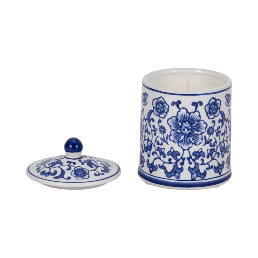 White/Blue 6 in. 8 Oz Chinoiserie Scented Candle with Lid