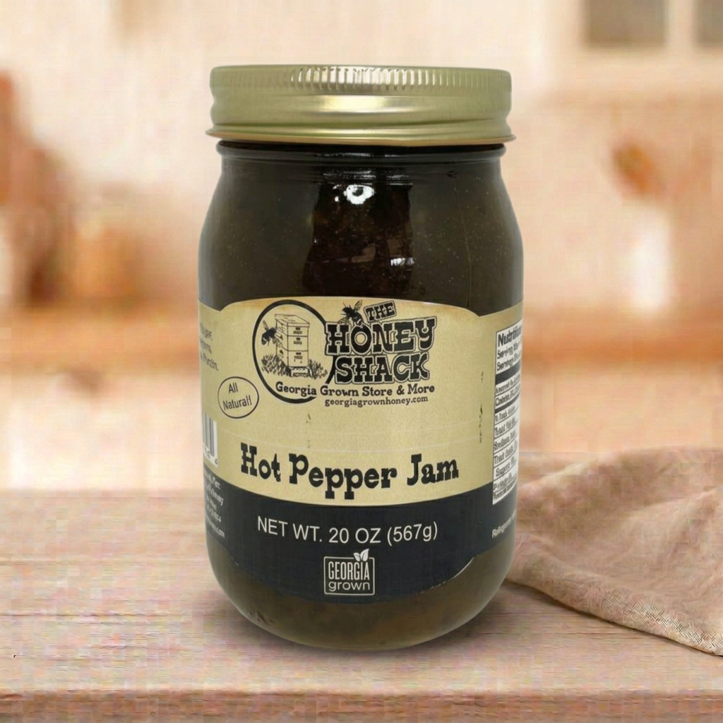 Hot Pepper Jam 20 oz in refreshed farmhouse setting