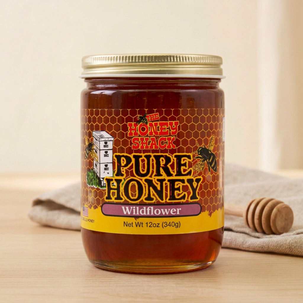 Wildflower Honey 12 oz farmhouse image with "with Comb" removed from the label